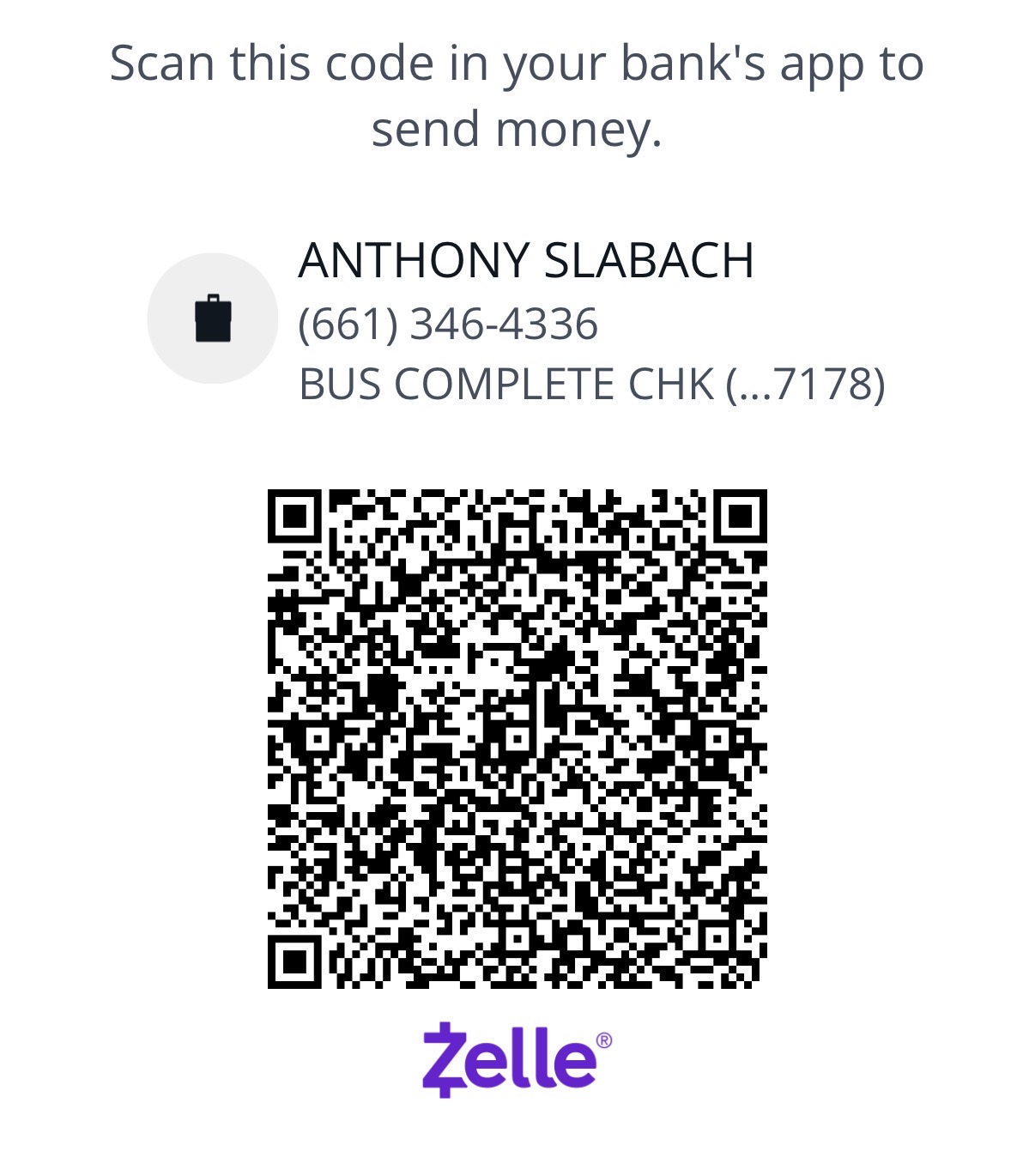 Zelle QR code for Anthony Slabach, 661-346-4336