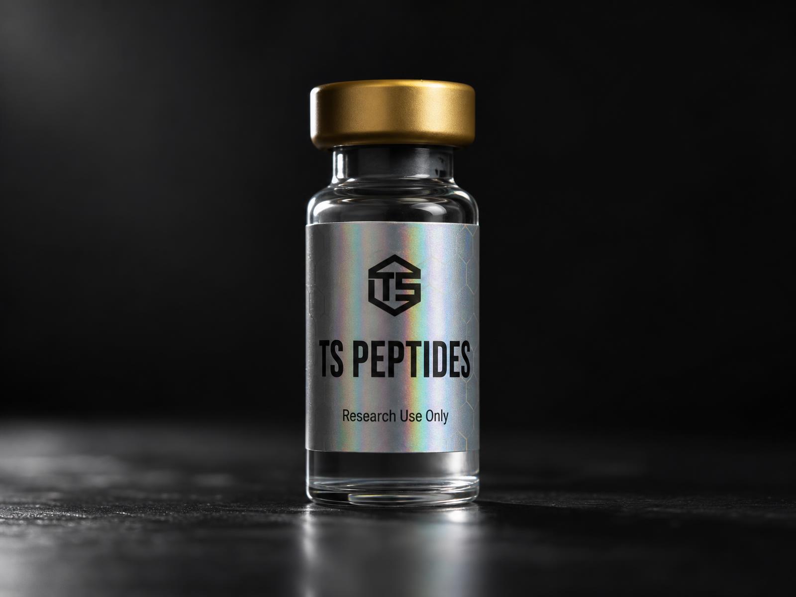 Sterile peptide vial with gold cap on a dark reflective surface